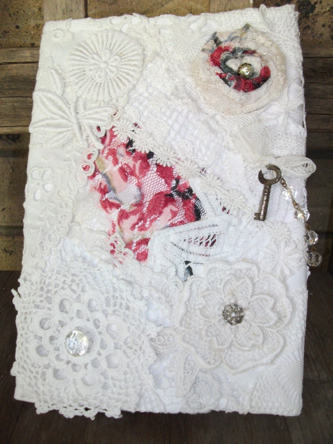 Repurposed Romantic Vintage White Lace Journal Cover, Includes Hardcover Journal, Ooak
