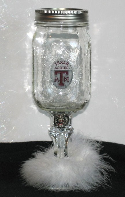 Redneck Wine Glass - TEXAS A&M AGGIES  football w/ feather boa - Cowgirl Cocktails Ball mason jar glass