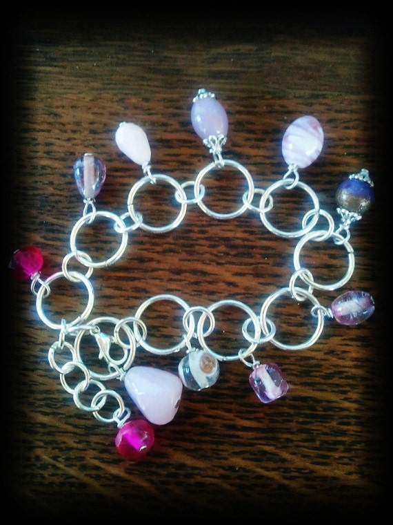 Lampwork Glass Charm Bracelet, silver & pink chain bracelet