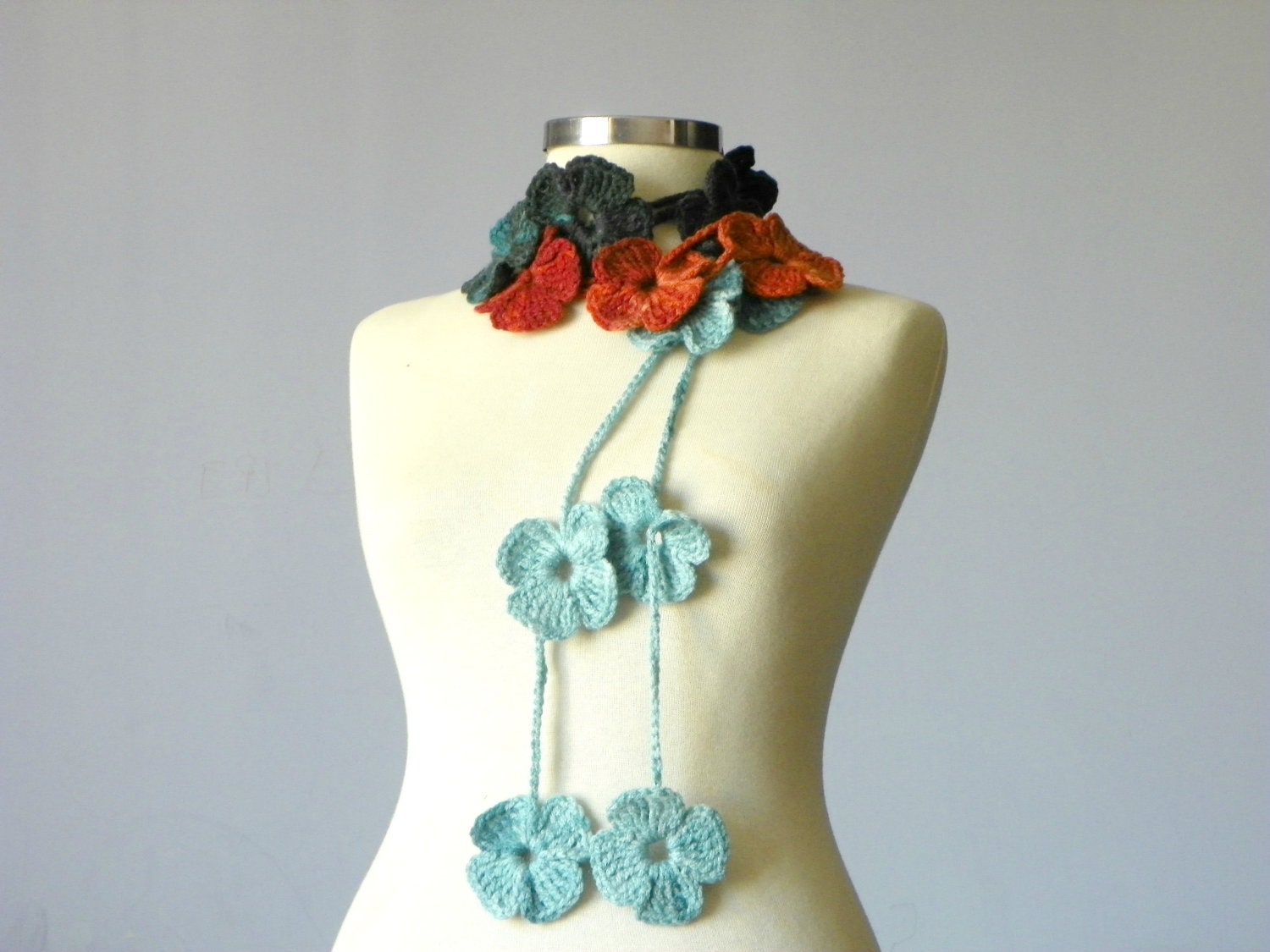 Crochet lariat scarf, handmade crochet flower neckwarmer autumn women accessories, winter - fall fashion