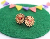 Wood laser cut earrings studs - fox head cameo triangle geometric handpainted orange