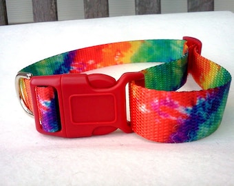Dog Collar: Adjustable, Tie Dye Red Buckle 1 inch