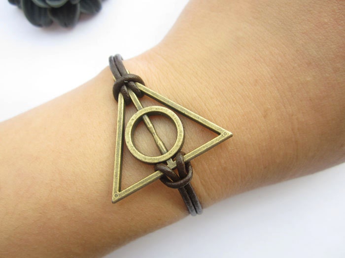 harry potter Bracelet---antique bronze Deathly Hallows&brown leather chain