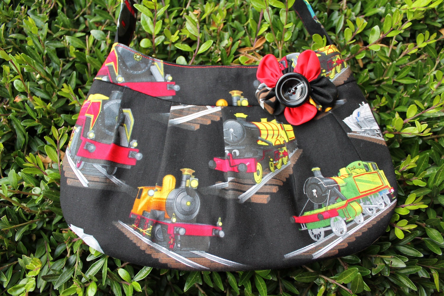 Buttercup bag, Purse, Handbag, quirky train fabric, black