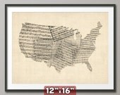 United States Old Sheet Music Map USA, Art Print 12x16 inch (908)