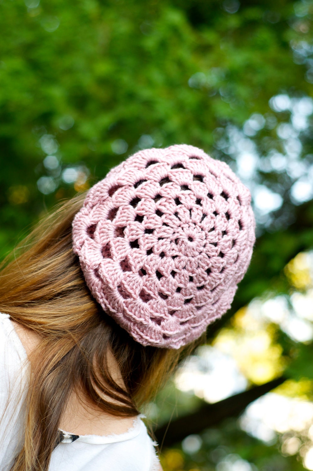 Spring Pink Slouchy Beanie Crochet Hat Lace Pattern