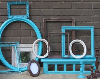Turquoise - Brown - Heirloom White Frame Grouping - Home Decor Collection - Candlestick - Oval Frame - shelf - mirror