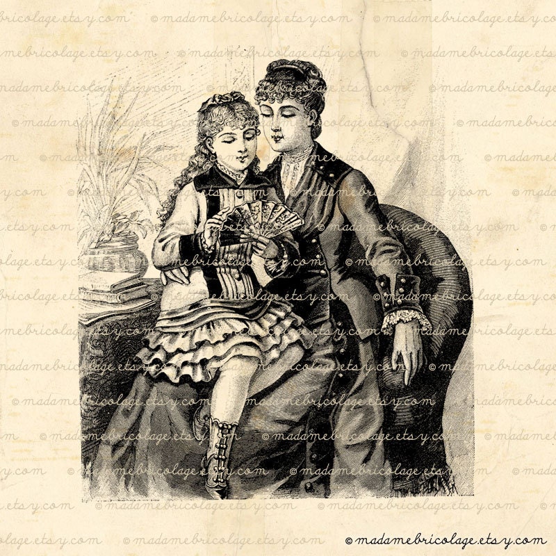 Victorian Woman and Girl, Mother, Daughter, Digital Download, Iron on Transfer, Papercrafts, Pillows, T-Shirts, Tote Bags, Burlap, No 01753