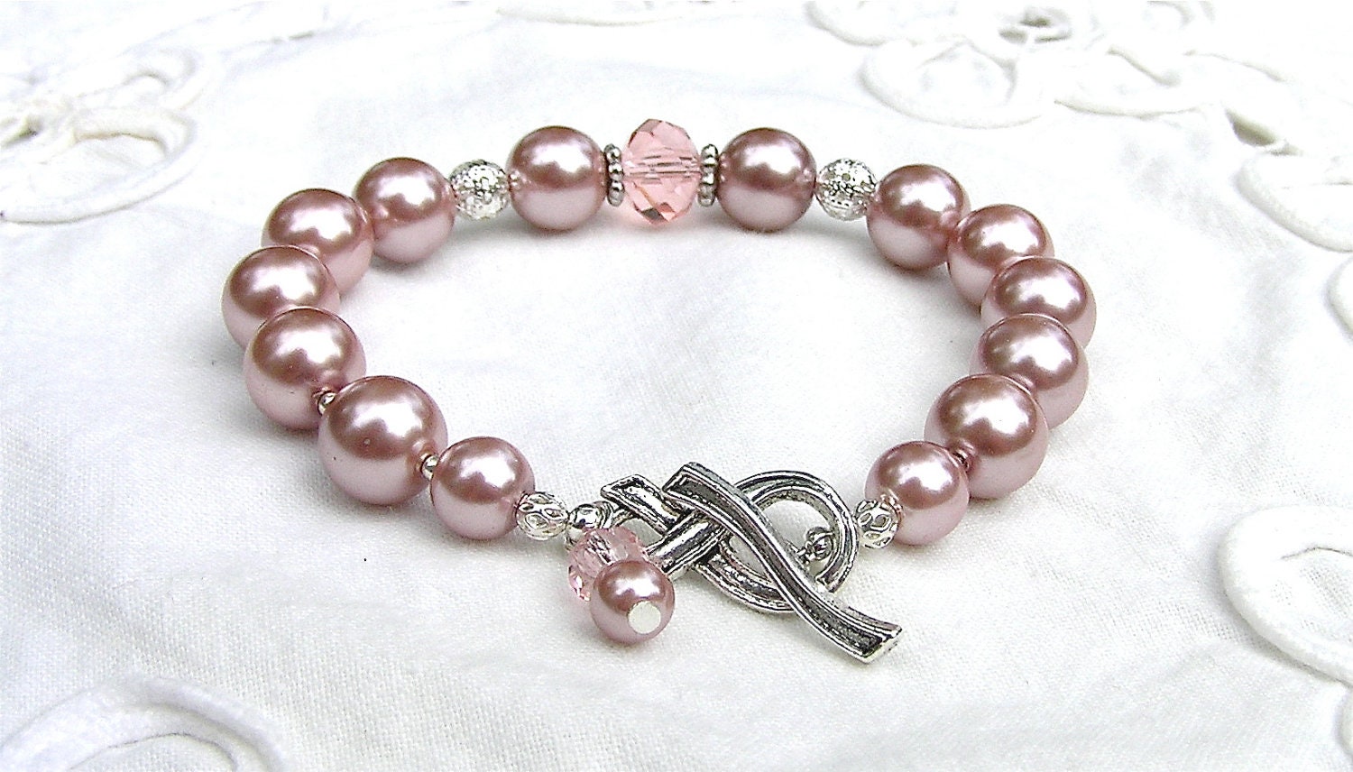 Bracelet PINK Pearls Crystal Silver Filigree & Ribbon Clasp with Charm by Mind4Design