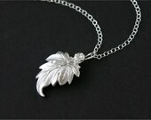 Clearance. Silver Leaf Necklace, Matte Rhodium-plated Leaf Charm, Swarovski Crystal Rhinestone Headpin, Sterling Silver Chain. Gift. N093.