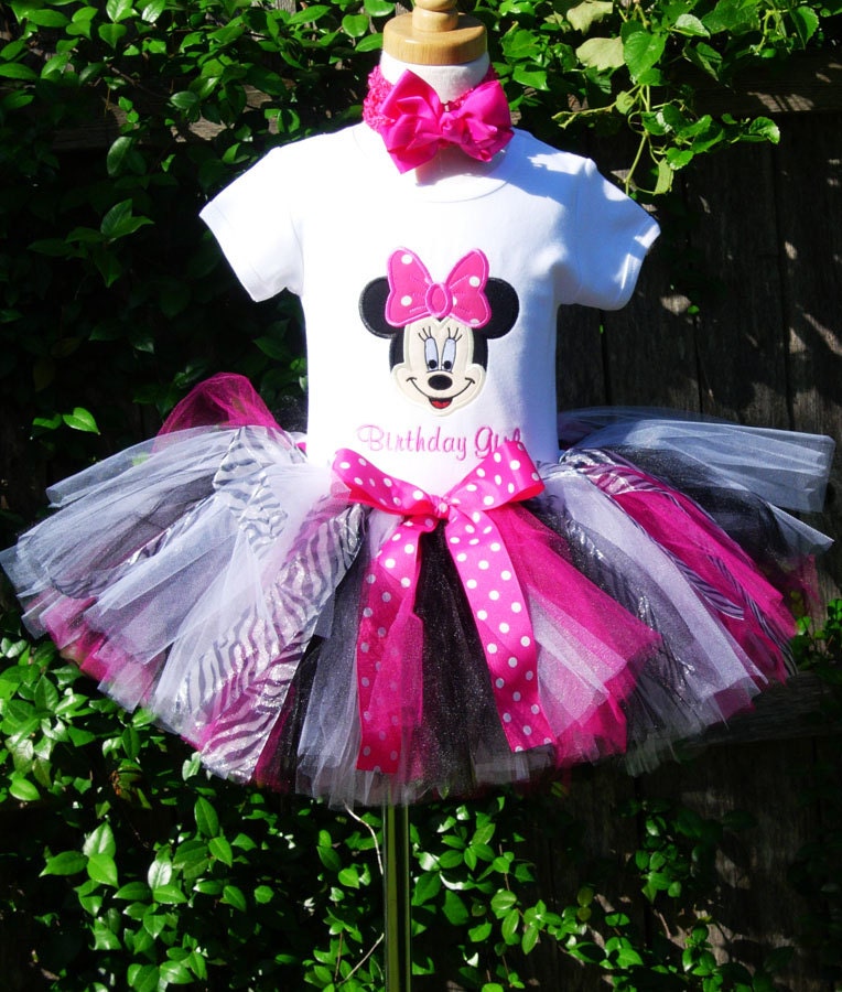 Minnie Mouse Face Birthday Number Tutu Outfit with Hot Pink and Zebra Tutu