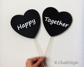 Set of Two Chalkboard Hearts on a Stick Wedding or Engagement Photo Booth Props -- Two Sided Chalk Boards