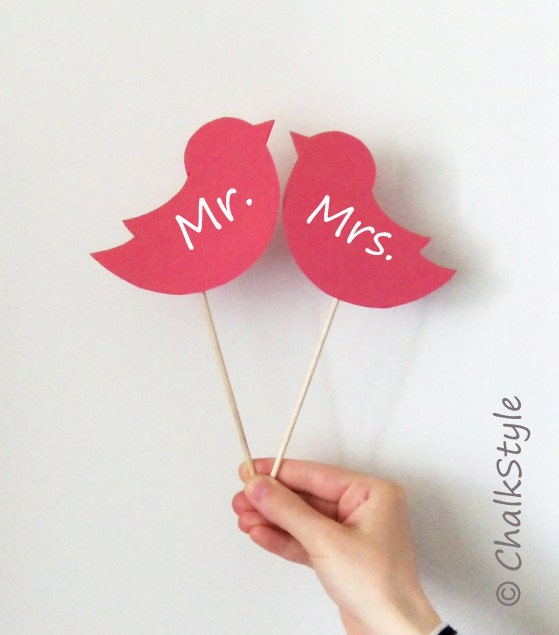 Set of Two Love Birds Pink Chalkboard Cake Topper or Photo Booth Props on a Stick