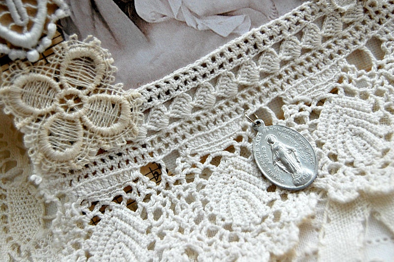 TREASURY ITEM - Madonna and Child fabric collage, vintage French lace and religious medal. OOAK
