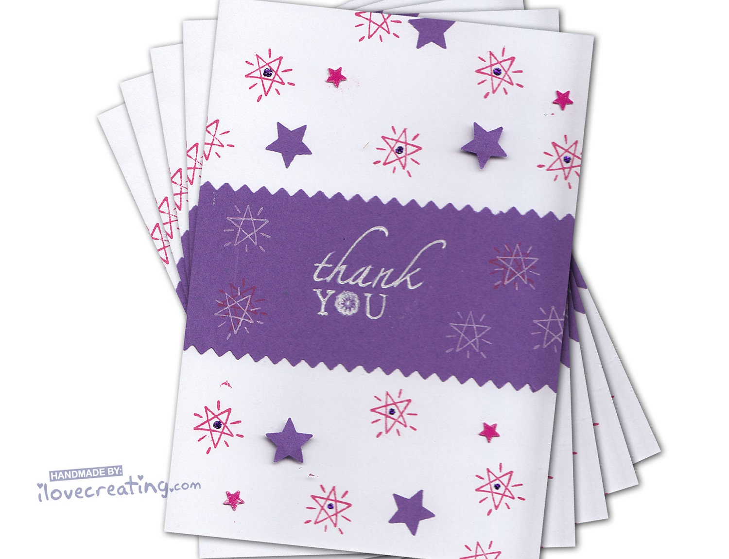 SET of 5 Thank You Cards Handmade with purple stars