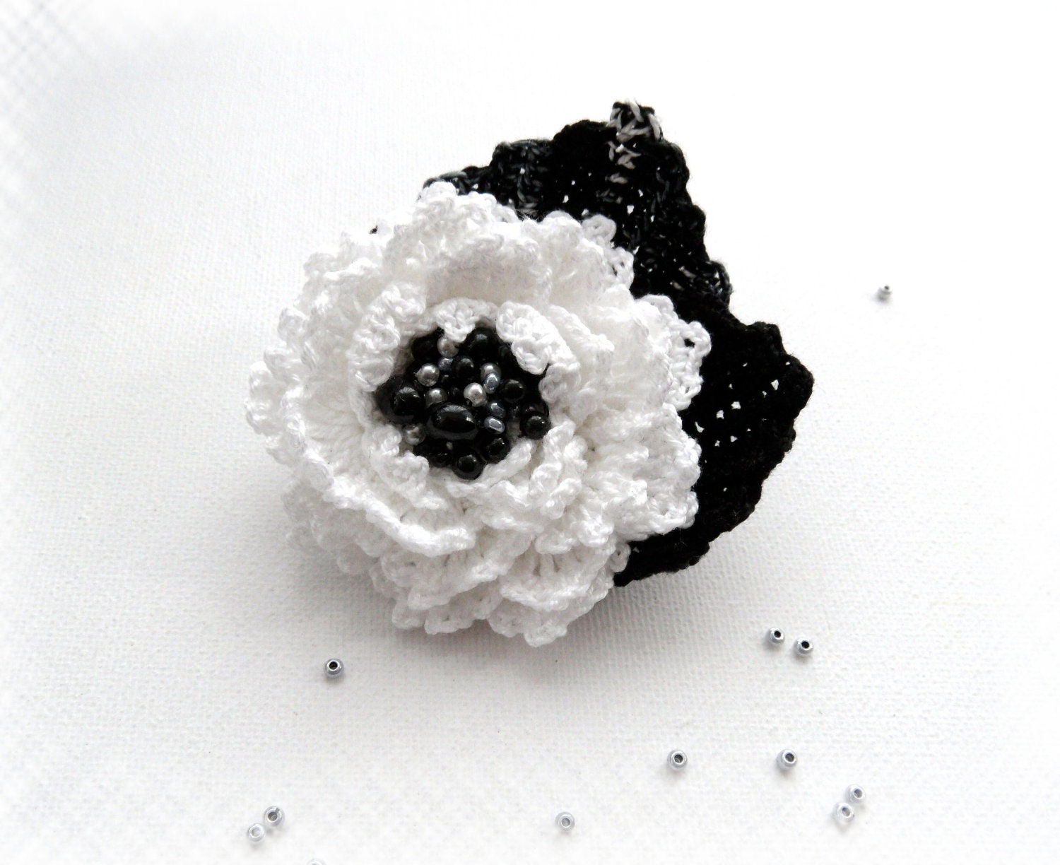 Crochet Beaded Brooch - Cotton Corsage Brooch Black White Flower