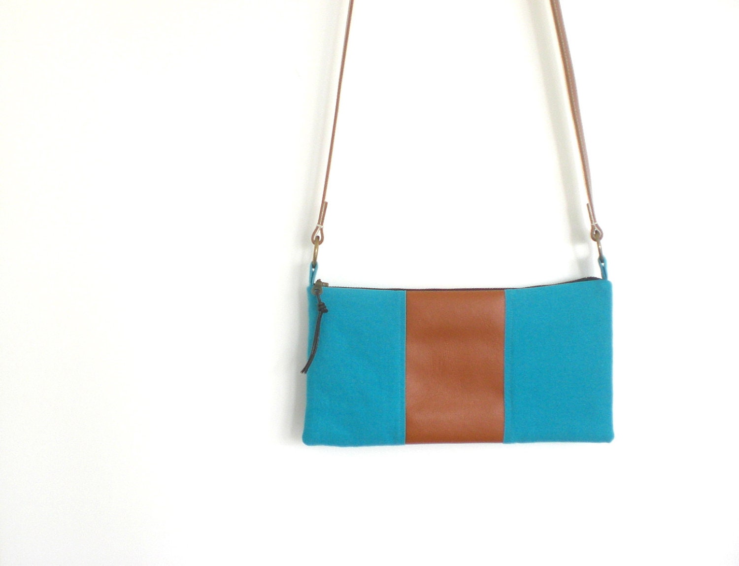 Cross Shoulder Purse, Small Bag, Turquoise with Camel brown