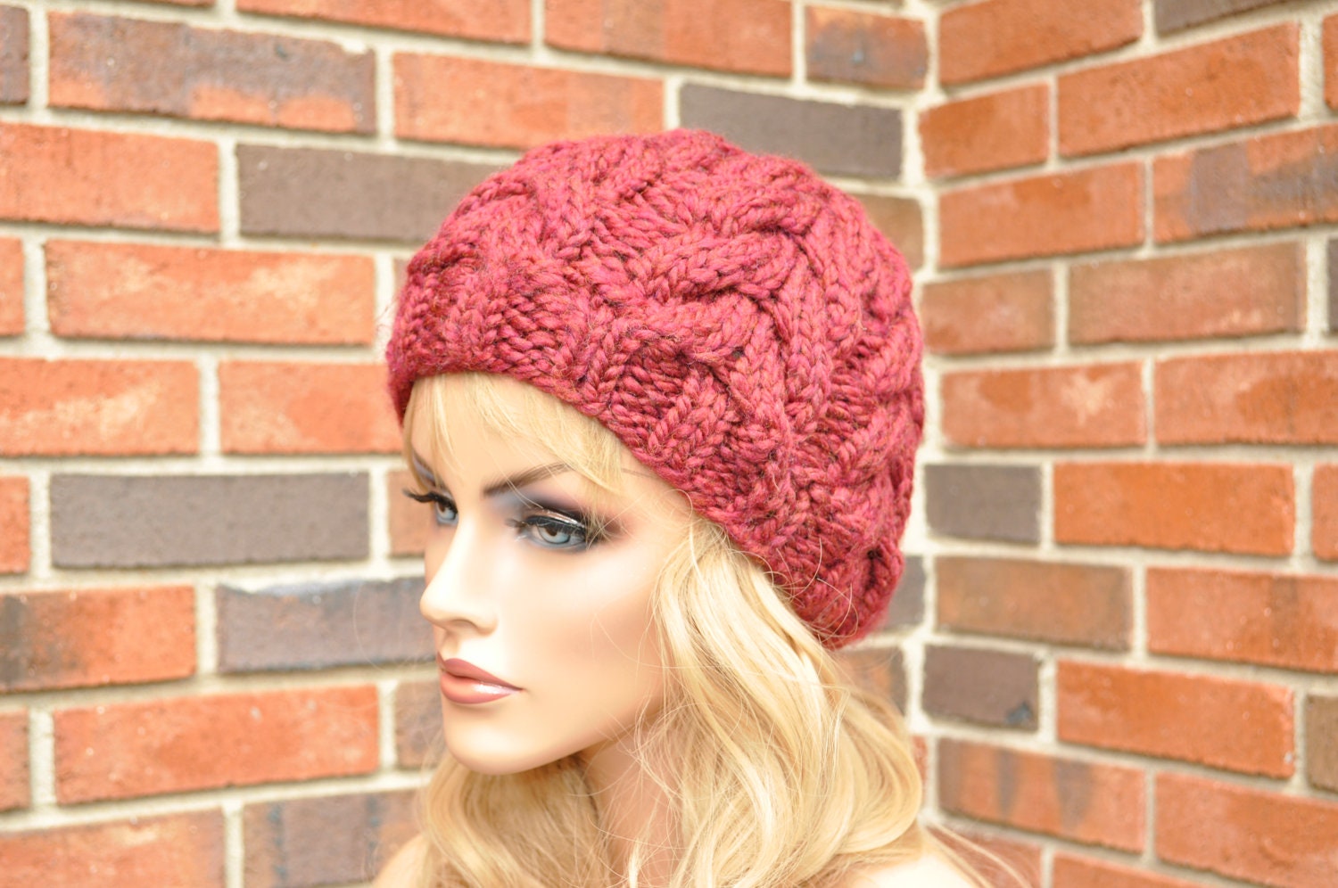 Cable Knit Hat, Burgundy Wool Women's Hat, Handmade slouchy, HTNO. 5