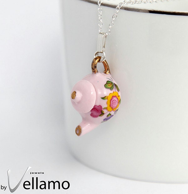 Sterling silver necklace, delicate pink miniature porcelain tea pot pendant, porcelain, pink - byVellamo