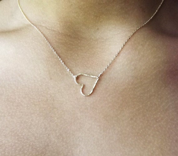 Gold Filled or Sterling Hammered Heart Necklace - Sideways Heart Necklace - Bridesmaid Gifts - Floating Heart Necklace - Love Necklace