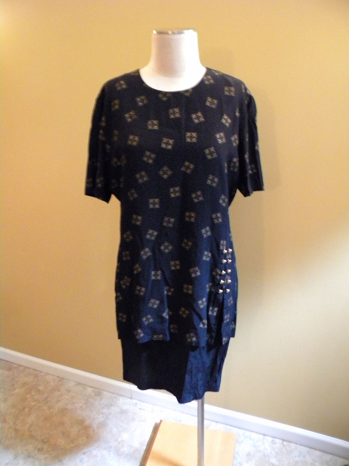 1980s Double Layer Mixed Media Shift Dress w/ Gold Buttons Plus Size L/XL