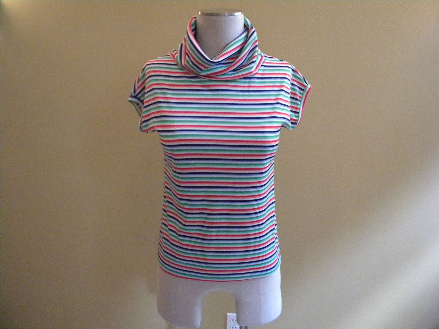 1970s Multi-colored Striped Turtle Neck Cap Sleeved Shirt Size M