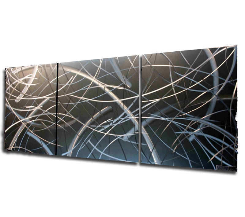 Spring Sale, 30% Off: Metallic Ultra-Modern Metal Wall Sculpture 'Tenuous' - 48x20 in. - Unique Sweeping Grind Pattern, Silver Wall Decor