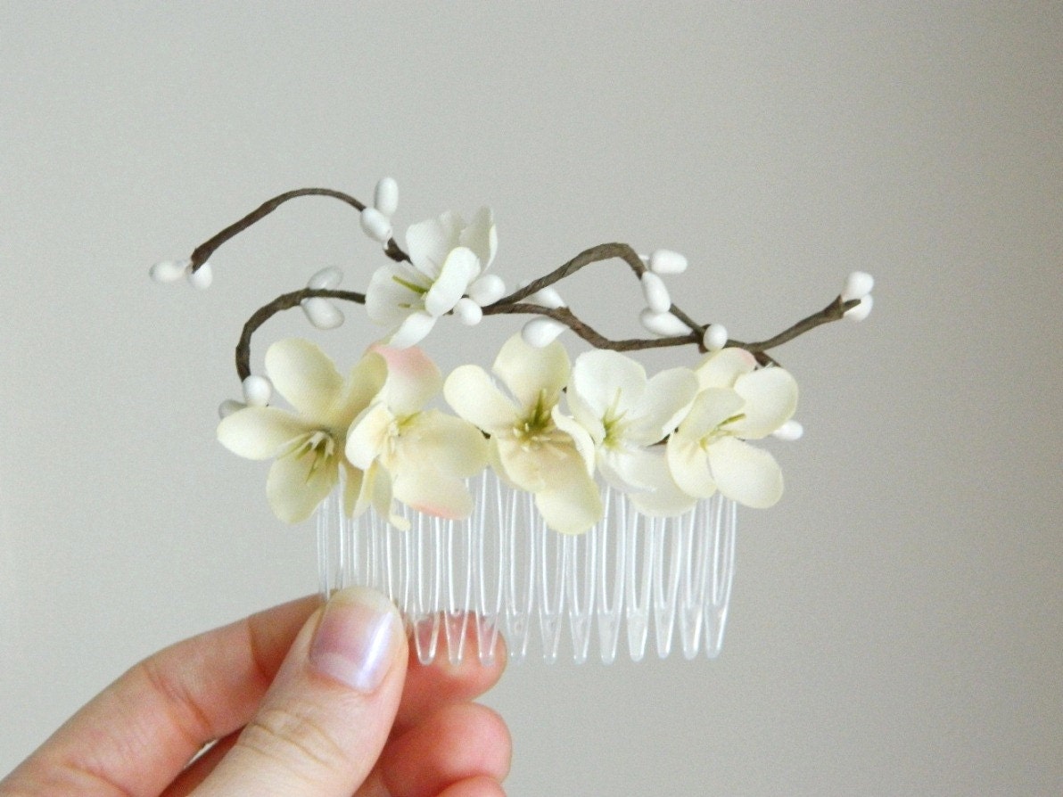 Ivory Cherry Blossom Comb - Bridal Flower Hair Accessory - Bride Bridesmaid Flowergirl - Woodland Wedding