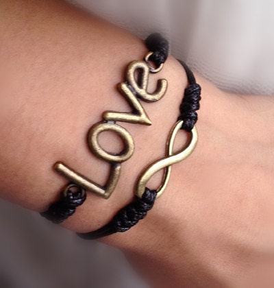 His and Hers set - Brass Infinity and Brass Love Wish Bracelet ,  Wedding Day, Anniversary, Birthday Gift, Adjustable Black CORD