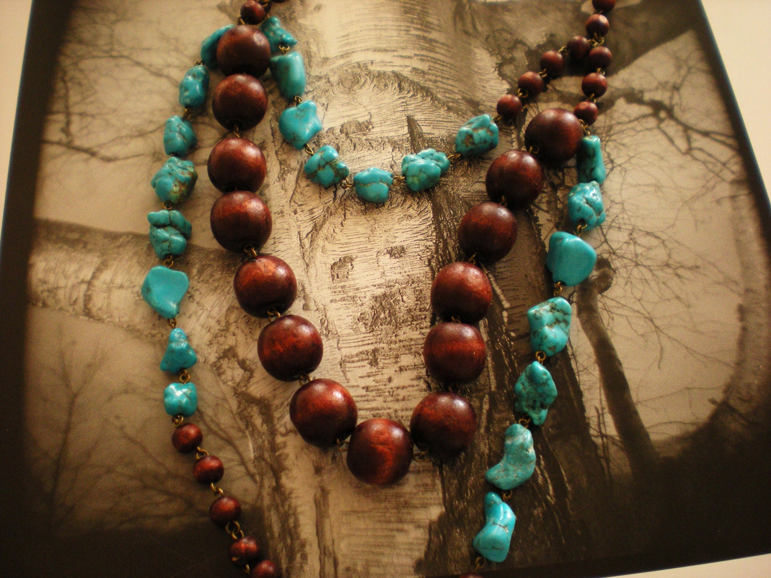 Turquoise  Wood Festoon Triple Strand  Necklace