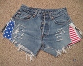 womens vintage levis 501 denim cutoff  shorts frayed ripped destroyed size 31X4 high waisted American Flag silver star studs added