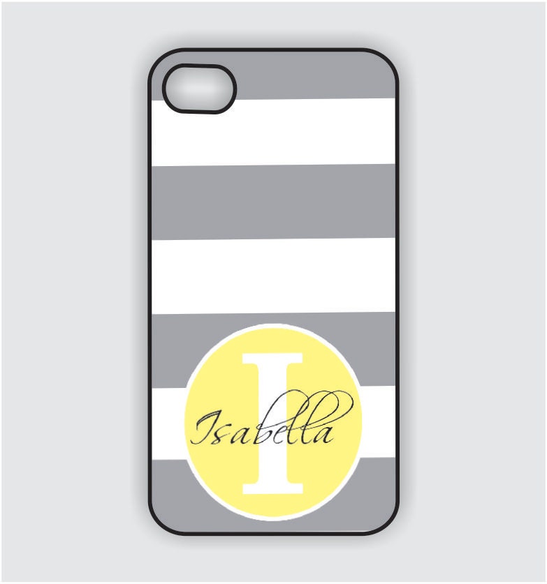 iPhone 4 Case - Grey Stripes /  Yellow Monogram - iPhone Case, Monogram iPhone Case, iPhone 4 Case, iPhone 4 Cover