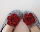 Valentin Gift, Wool Grey Crochet Socks Slippers, Whit red flower. Thick, Simply Socks, Women slippers house shoes.