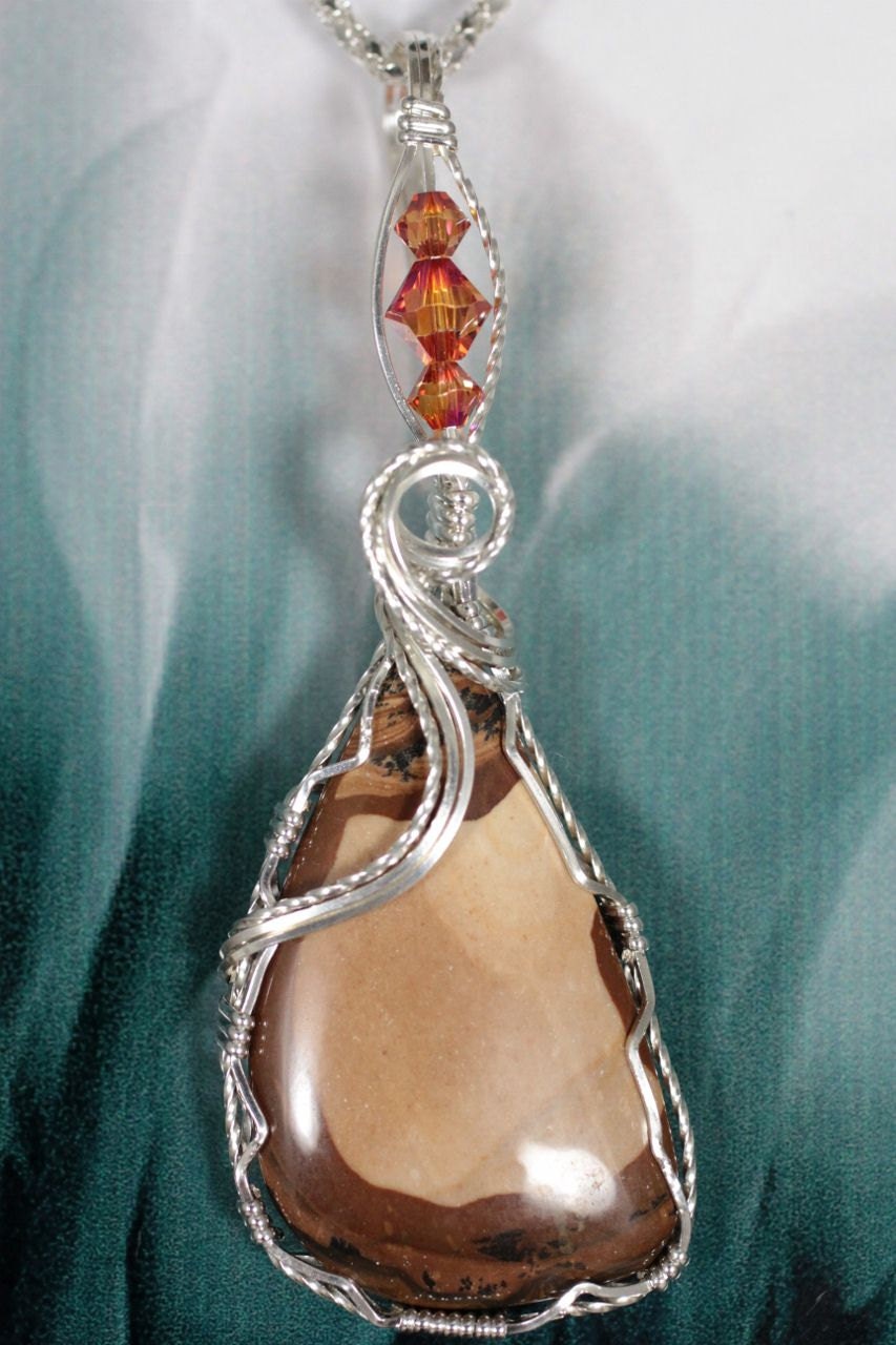 Natural Sahara Jasper Wire Wrapped Pendant with Swarovski copper crystals