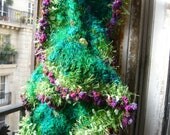 SALE,handmade crocheted spiral green,blue,purple scarf figuring forest and its autumn red fruits,moss and vegetal life