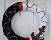 Nautical wreath white and navy with red ribbon