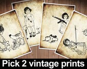 2 prints at your choice vintage funny gothic cute art digital gift doll teddy bear deer