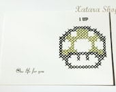 Cross stitch card. Mushroom 1up Mario Bros wall art  with personalized message for framing