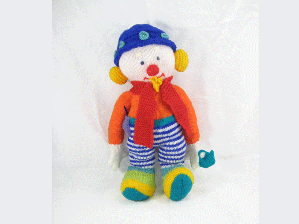 Handmade knitted large clown Doll, colourful soft charming and cuddly toy for kids babies children, with scarf and watering can