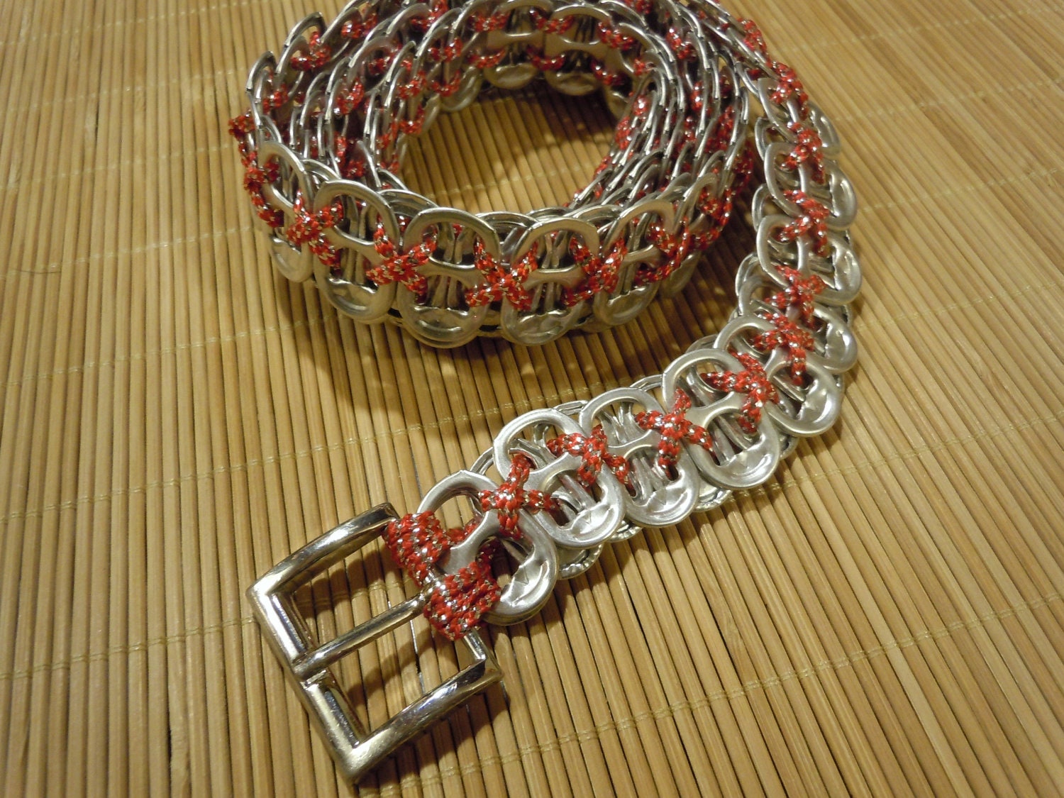 recycled CAN TAB BELT red and silver cording 49" Featured on Good Morning America's Earth Day "15 Coolest Recycled Items"