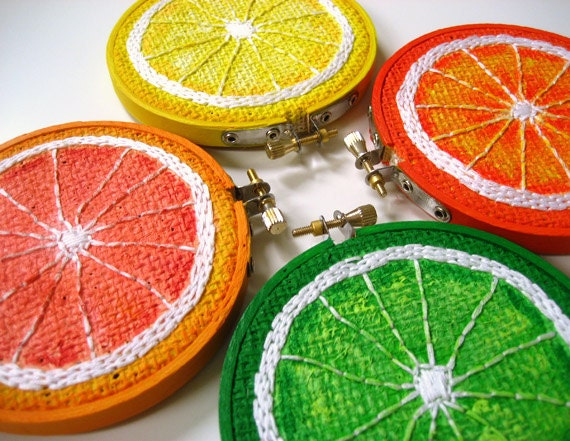 Any 3 Fruit Embroidery Hoop Art, Painted Burlap, Kitchen Wall Art, Fabric Wall Art, Hand Sewn Textile Art, Mixed Media Painting, Fiber Art