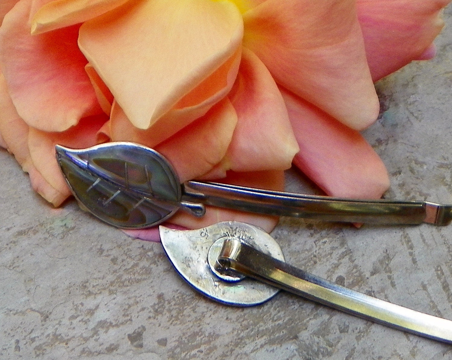 Unique Bohemian Boho Hippie Sterling Silver Abalone Hair Pins, Vintage Mexico Recycled