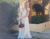 Cream Ivory French lace wedding dress capped sleeve lace up back vintage - Graceloveslace