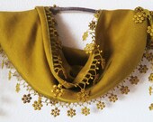 Lace Scarf, Olive Green, Dark Golden Yellow Scarf, Christmas Gift for Her, Mustard Yellow Scarf  Scarves, Antique Bronze
