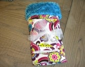 Handmade  Baby Blanket Turquoise Silky Furry Fleece and White soft and comfy fabric with allover Bright flower and paisley print.