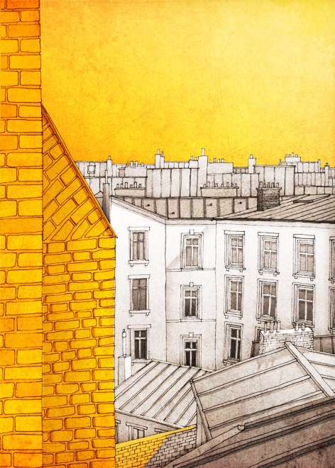 Paris illustration - Sunny day in Paris - 10x14 art print, Fine art illustration, Art Posters, Paris art, Paris decor, Wall art, Yellow