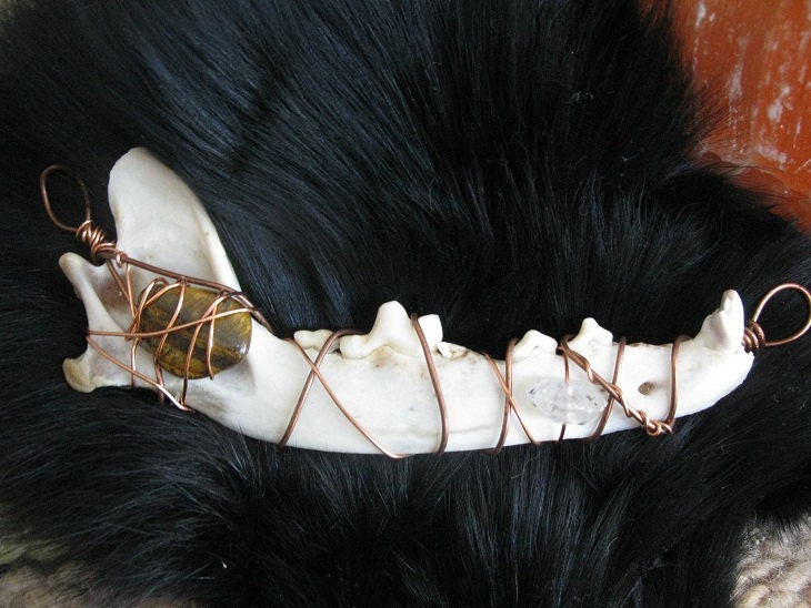 copper wire wrapped coyote jawbone with tigers eye and quartz
