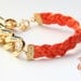 Arm candy - Gold Extra chunky chain with Orange leather braid Bracelet - 24k gold plated