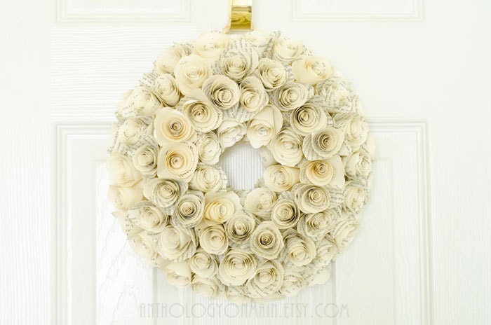 Small Book Page Rosette Wreath - 11 INCH Upcycled Wedding, Birthday or Anniversary Gift - Shabby Chic Eco Friendly Green Home Decor