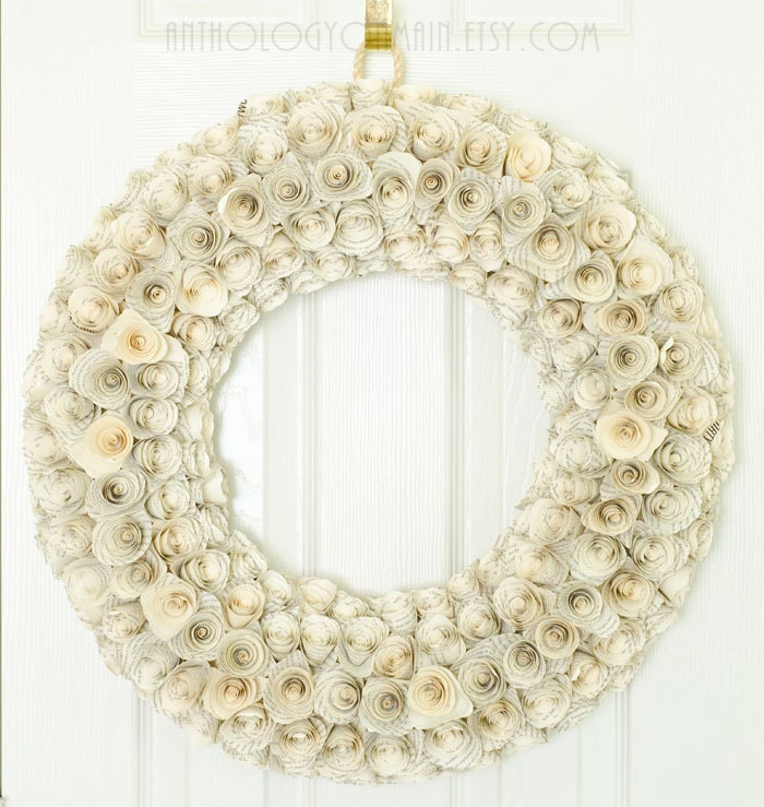 Large Book Page Rosette Wreath - 22 INCH Upcycled Wedding, Birthday or Anniversary Gift - Shabby Chic Eco Friendly Green Home Decor